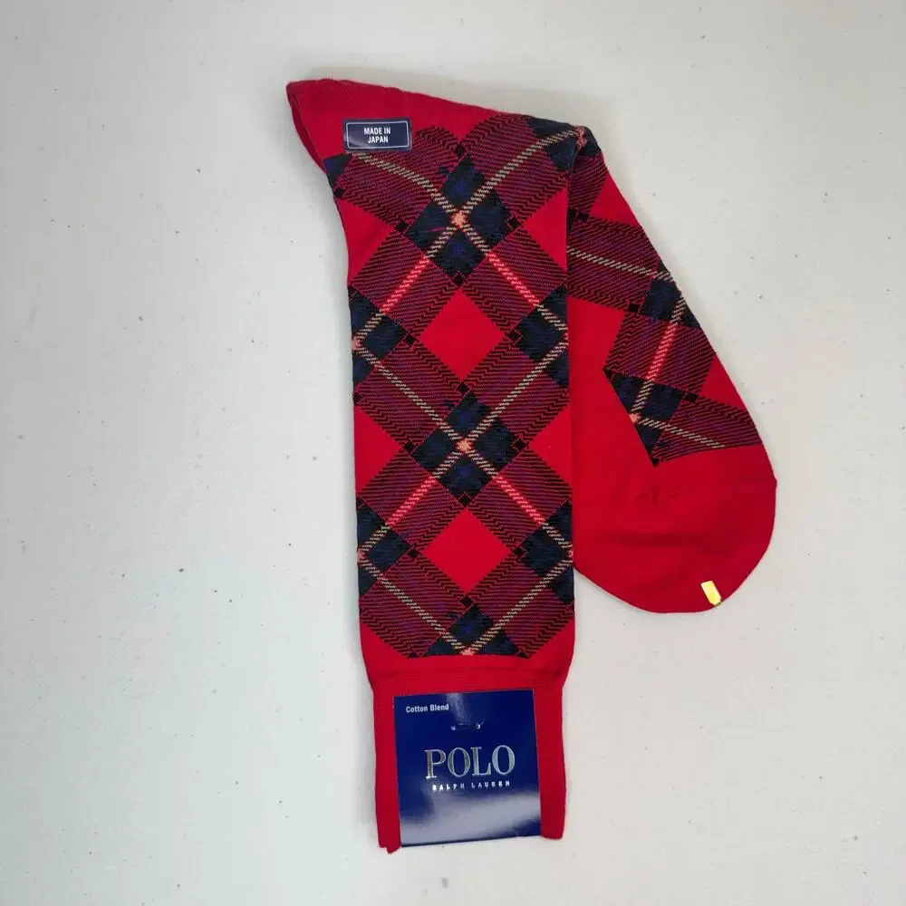 Polo Ralph Lauren Red Tartan Plaid Dress Socks Cotton Blend Size 10-13 Japan